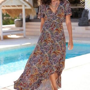 Lascana Multicolor Bohemian Feminine V-Neck Mock Wrap Print Maxi Dress Size 8